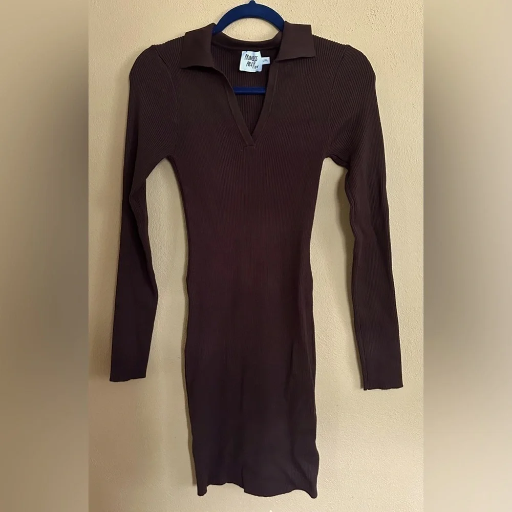 Brown Ribbed Collared Dress - Picture 1 of 4